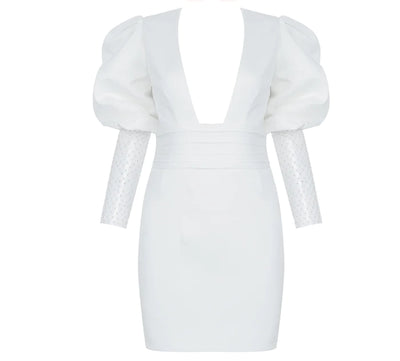Selma  Low V-neck Mini Dress-White