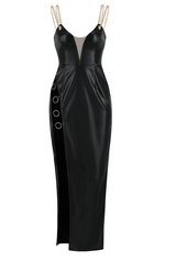 Low V -Neck Maxi  Dress-Black
