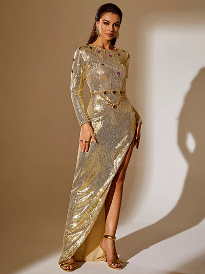 Gold Sequins Long Maxi Dress