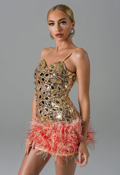 Lalia Gold Sequin Feather Mini Dress