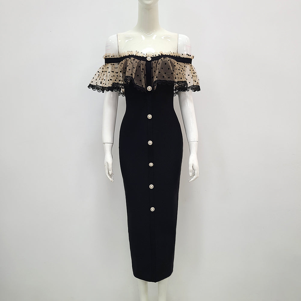 Chanel  Lace  Collar Bandage Midi Dress-Black