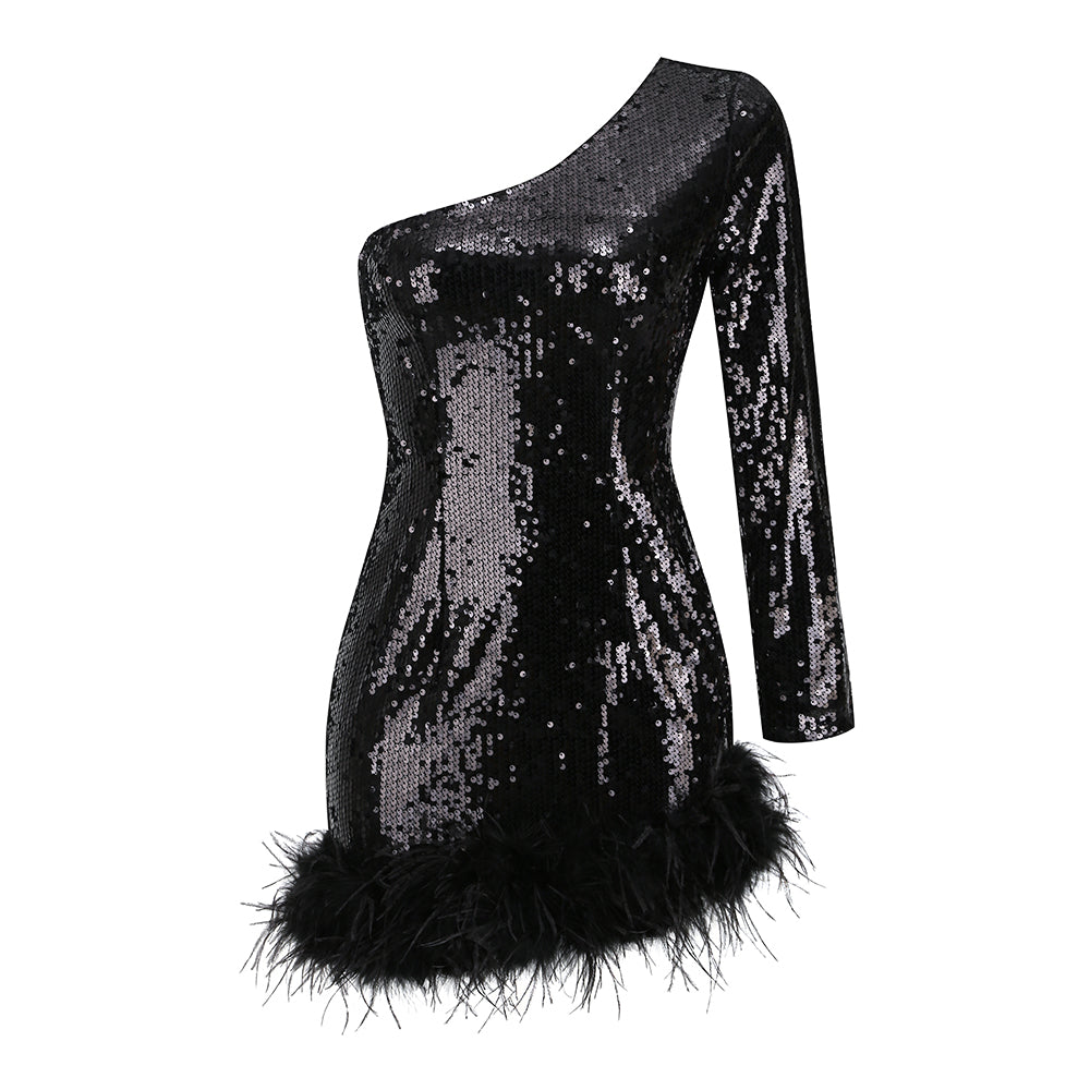 Ariel Sequins  One  Shoulder Mini Dress-Black