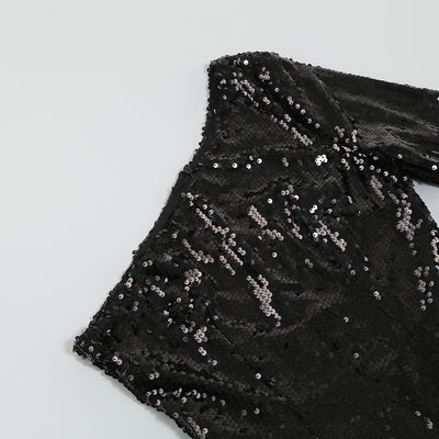 Ariel Sequins  One  Shoulder Mini Dress-Black