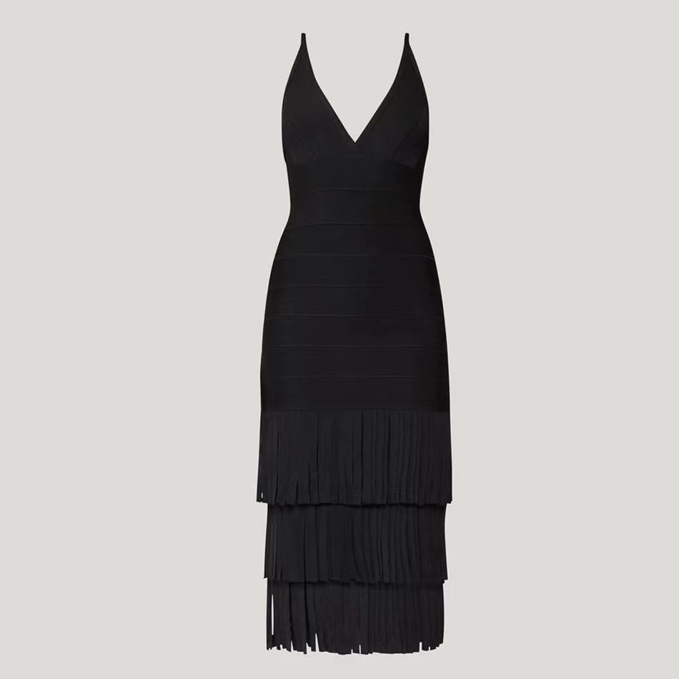 Ploy Low V-Neck  Tassel  Midi Dress -Black