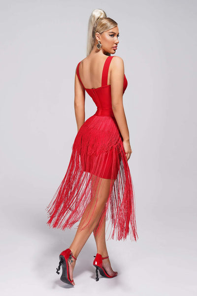 Ceri Tassel Midi Bandage Dress-Red