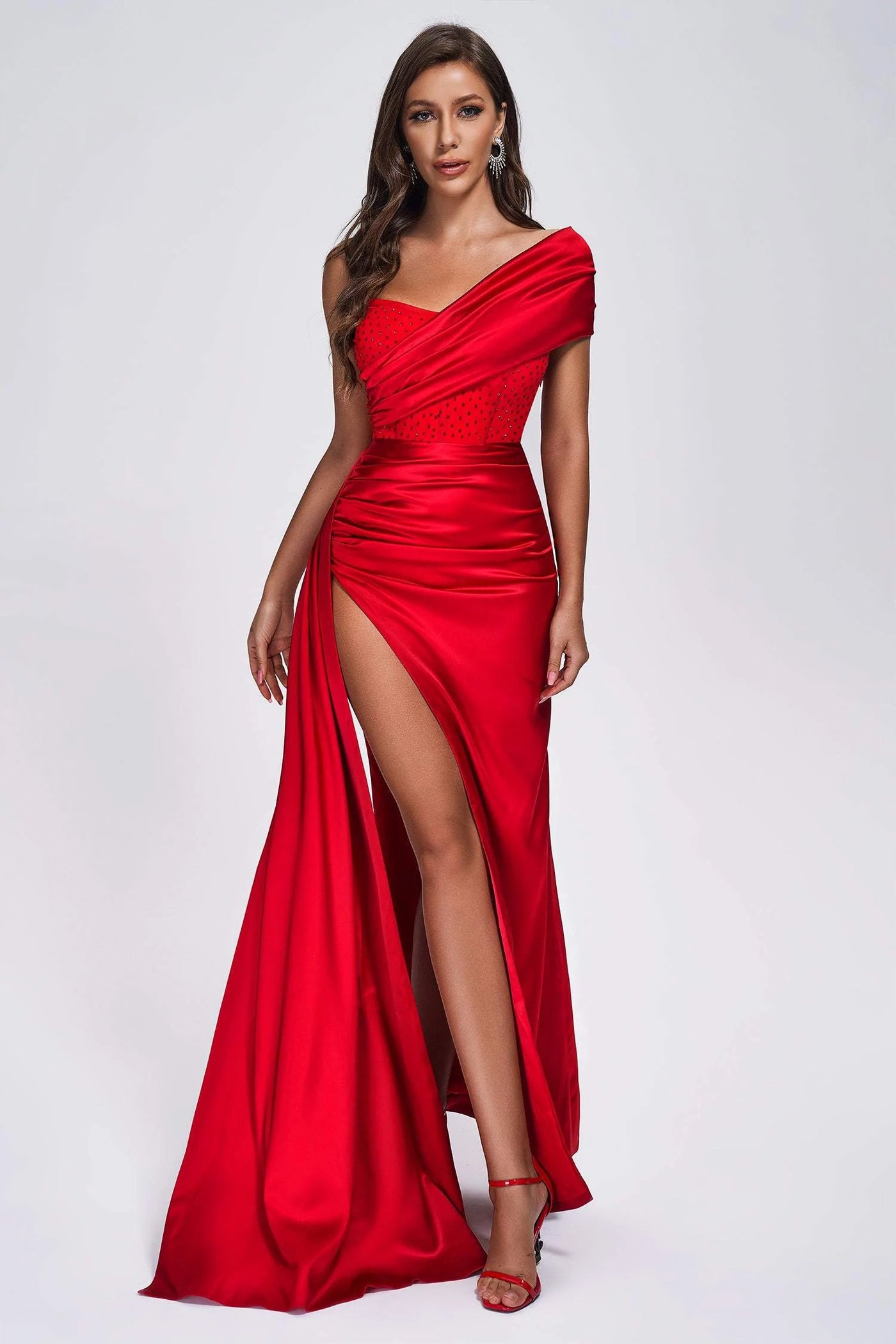 Mari  Corset Satin  Slit Maxi Dress-Red