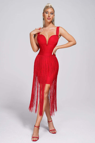 Ceri Tassel Midi Bandage Dress-Red
